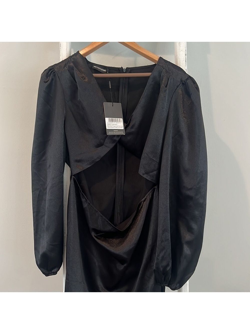 PRETTYLITTLETHING nwt black satin plunge twist front cut out bodycon dress 12 - Picture 3 of 10